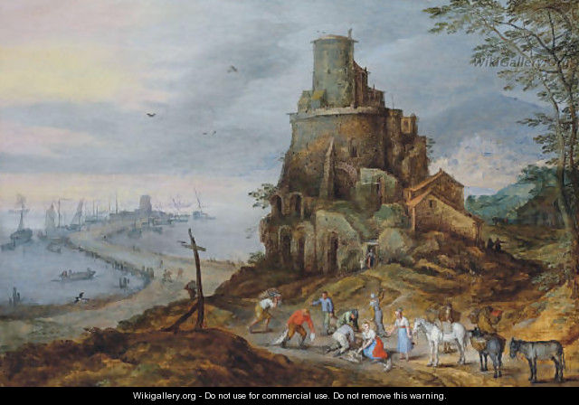 A coastal landscape with fishermen with their catch by a ruined tower - Jan, the Younger Brueghel