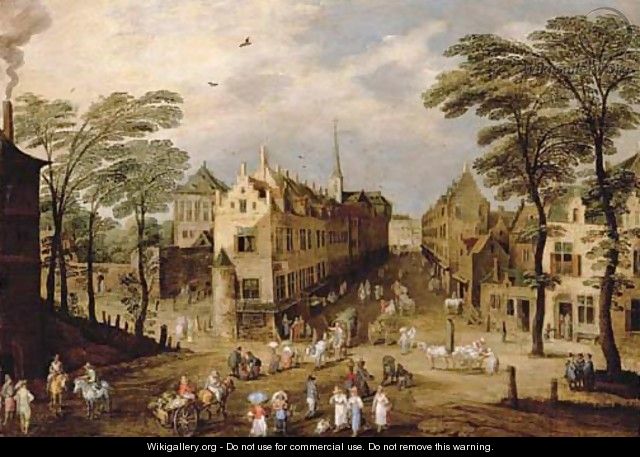 A town landscape with company, townsfolk and wagoners - Jan The Elder Brueghel