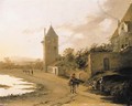 An Italianate landscape with travellers on a path before the Plompetoren, Utrecht - Jan Both