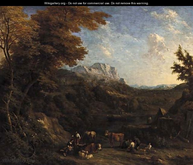 A wooded landscape with peasants and their livestock resting by a river - Jacob Huysmans