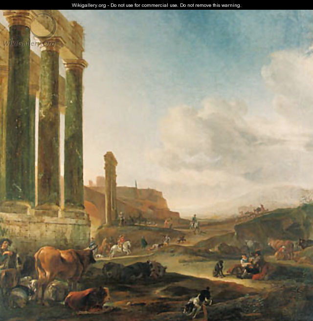 An Italianate landscape with a ruined Doric colonnade - Jan Baptist Weenix