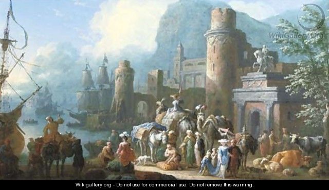 A capriccio view of a Levant harbour with travellers, camels and other animals on a quay - Jan Baptist van der Meiren