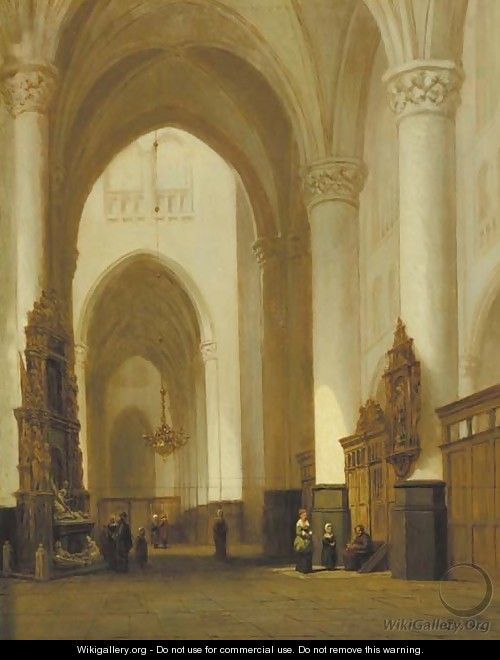 A church interior with worshippers - Jan-Baptiste Tetar van Elven