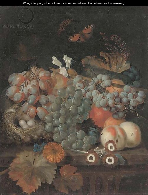 Grapes on the vine, peaches - Jan Baptist Govaerts