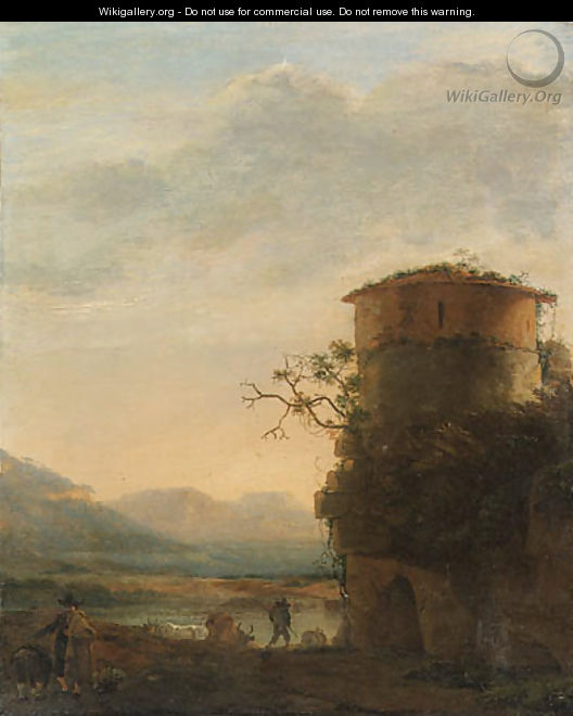 Peasants and cattle beside a tower in an extensive landscape - Jan Asselyn