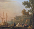 A Mediterranean coastal inlet with merchants unloading boats, a temple beyond - Jan Asselyn
