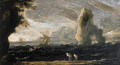 A rocky coastal landscape with fishermen hauling in their nets, as a storm approaches - Jan de Momper