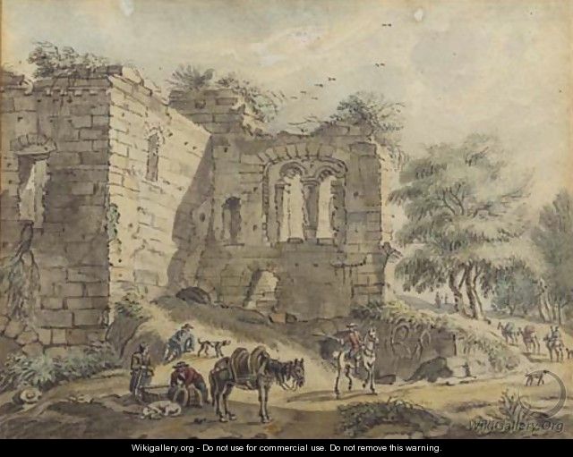 Travellers and peasants with a packhorse on a road by a ruined villa; and A horseman and peasants by a vaulted ruin - Jan De Beyer