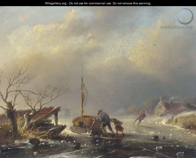 Peasants pushing a sledge on a frozen river - Jan David Geerling Grootveld
