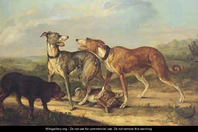 Hounds fighting over a hare in an extensive landscape - Jan Dasveldt