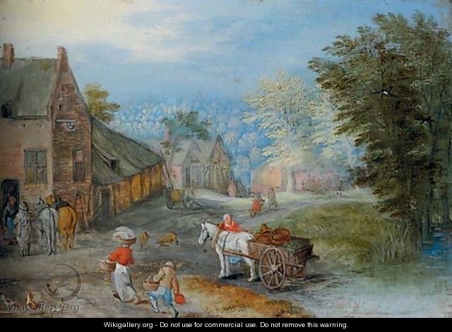 A village street with figures leading a horse and cart - Jan, the Younger Brueghel