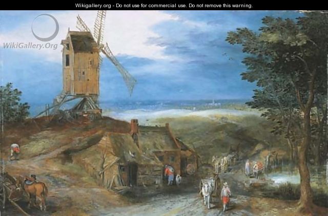An extensive landscape with travellers passing a cottage and a miller on his way to a windmill - Jan, the Younger Brueghel