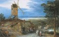 An extensive landscape with travellers passing a cottage and a miller on his way to a windmill - Jan, the Younger Brueghel