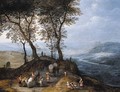 An extensive landscape with travellers on a path overlooking a valley, a city beyond - Jan, the Younger Brueghel