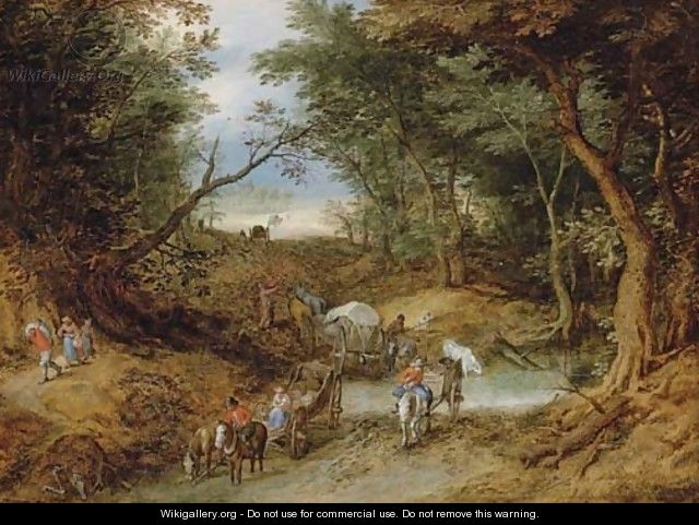 A wooded landscape with travellers on a path - Jan The Elder Brueghel