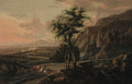 An extensive mountain landscape, with a hawking party on a road by a bridge - Jan Gabrielsz. Sonje