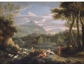 An Italianate mountainous landscape with herdsmen resting by a path and a man and a woman by a river - Jan Frans van Orizzonte (see Bloemen)