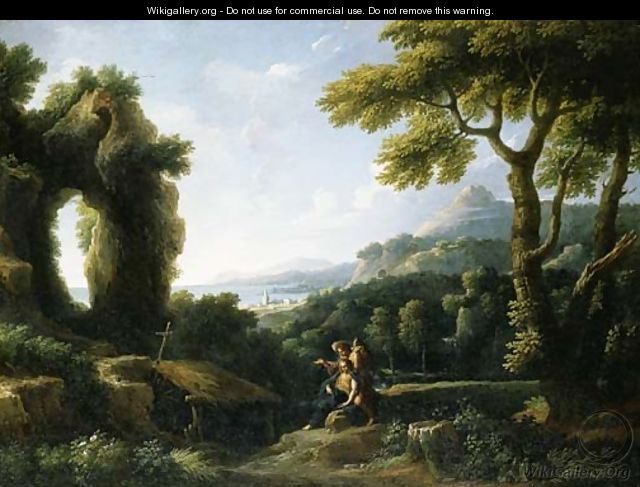 An Italianate coastal landscape with the Death of Saint Mary of Egypt - Jan Frans van Orizzonte (see Bloemen)