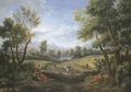 An extensive river landscape with peasants during the harvest, a lakeside town beyond 2 - Jan Frans van Orizzonte (see Bloemen)