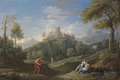 An extensive mountainous landscape with figures on a path, a castle beyond - Jan Frans van Orizzonte (see Bloemen)