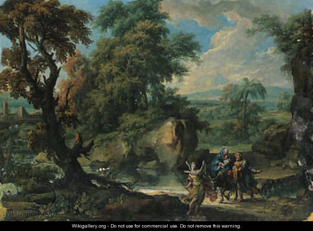 A wooded river landscape with the Flight into Egypt - Jan Frans van Orizzonte (see Bloemen)