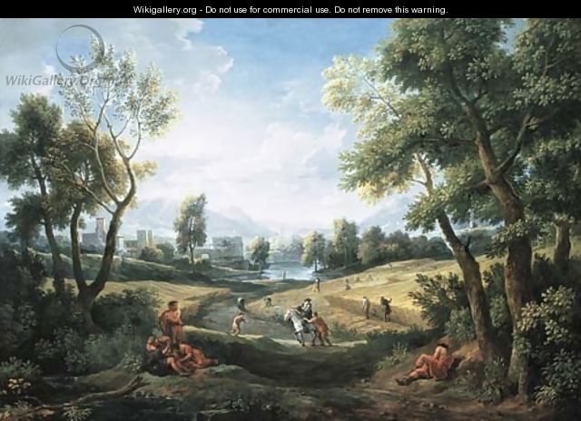 An extensive river landscape with peasants during the harvest, a lakeside town beyond - Jan Frans van Orizzonte (see Bloemen)