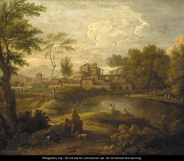 An Italianate landscape with figures by a lake and a town beyond - Jan Frans van Orizzonte (see Bloemen)