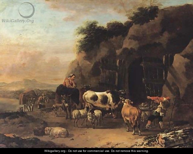 Peasants driving their cattle and sheep into a cave in an Italianate landscape - Jan Frans Soolmaker