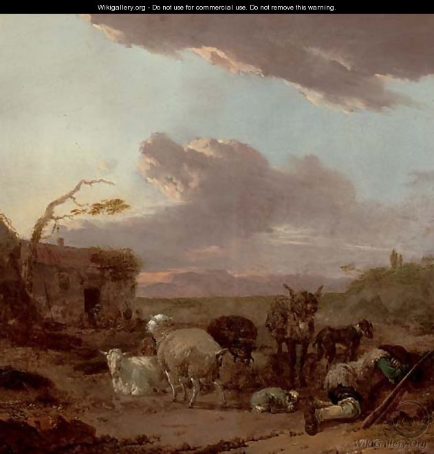 An evening landscape with a shepherd resting with his flock by a house - Jan Frans Soolmaker