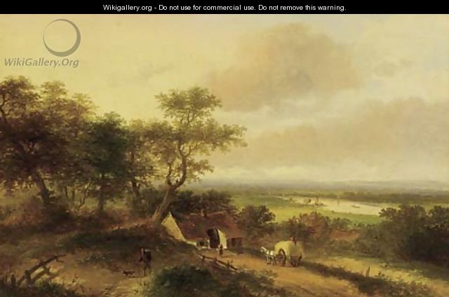 A haycart by a farm in a panoramic river landscape - Jan Evert Morel