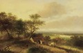 A haycart by a farm in a panoramic river landscape - Jan Evert Morel