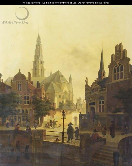 Figures by a canal in a town square - Jan Hendrik Verheyden