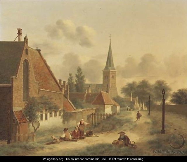 Figures by the city wall of Utrecht, the Geertekerk in the distance - Jan Hendrik Verheijen