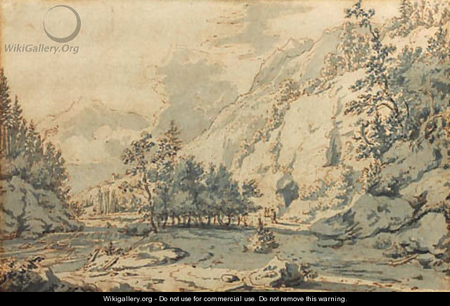 A mountainous wooded river landscape with travellers on a road - Jan Hackaert
