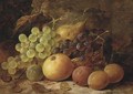 Grapes, plums, with an apple, pear and raspberry on a bank - James Poulton