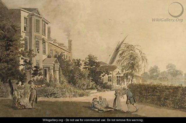 A house situated on the banks of the Thames, near Hammersmith, with figures in the garden - James Miller
