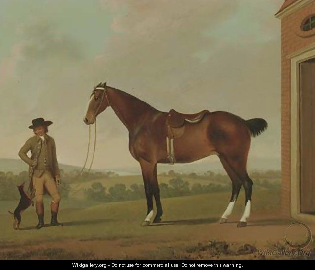 A Groom holding a Saddled Hunter outside a Stable with a Terrier - James Millar