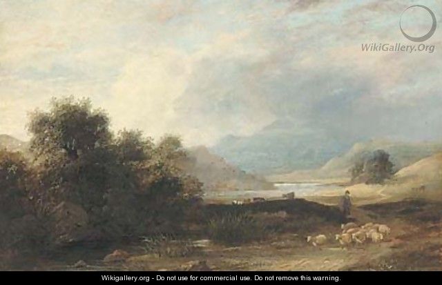 A shepherd and his flock by a brook at Allswater, Cumberland - James Stark