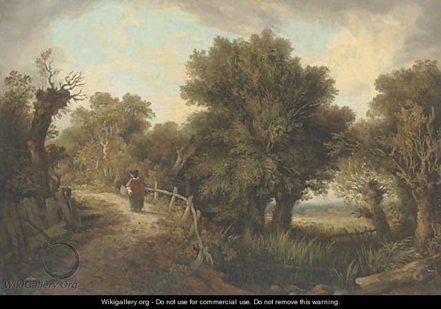 Figure by a pond in a wooded landscape - James Sillett