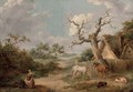 A wooded landscape with figures in the foreground and horses and pigs by a cottage - James Ward