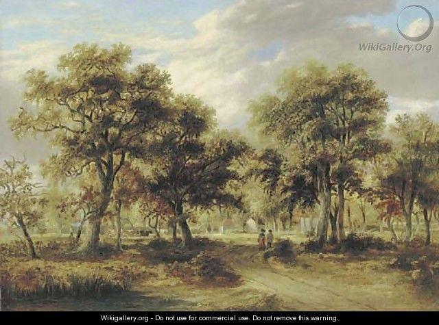View of Richmond Park with figures on a path and cattle beyond - James Stark