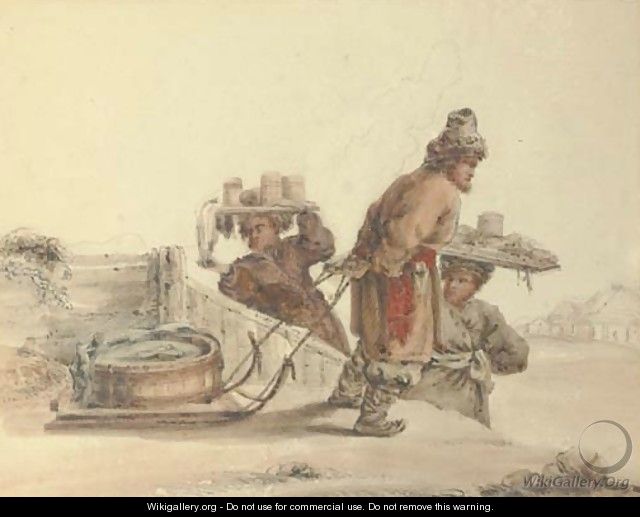 Two peasants pulling a sleigh laden with fish - Russian School