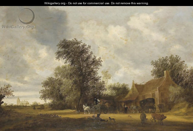 A wooded landscape with cattle, carriages on a track and an inn, a church beyond - Salomon van Ruysdael