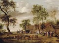 A village landscape with carriages outside an inn, peasants conversing on a path and cattle watering - Salomon van Ruysdael