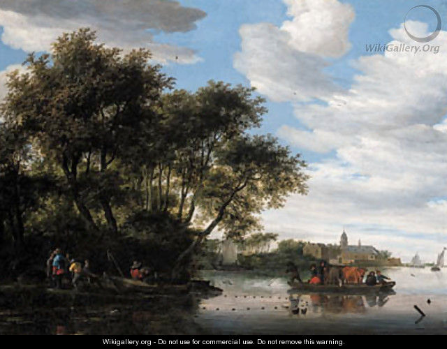 A view of the River Vecht, with a ferry and fishermen unloading their boat, Nijenrode castle beyond - Salomon van Ruysdael