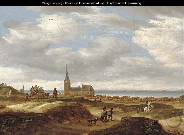 A view of Scheveningen from the dunes with travellers on a path, the sea beyond - Salomon van Ruysdael