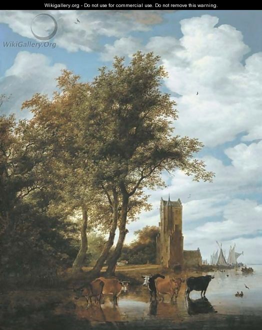 A river landscape with the Pellecussenpoort near Utrecht, five cattle wading in the foreground and boats moored at the tower beyond - Salomon van Ruysdael