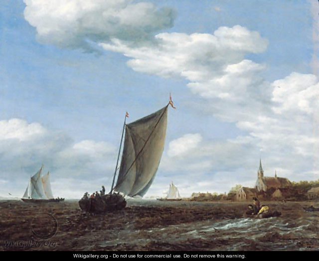 A river landscape with a wijdschip sailing before the wind and a rowing boat with other shipping, a village beyond - Salomon van Ruysdael