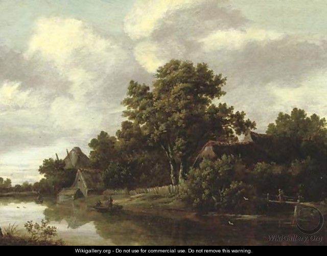 A wooded river landscape with a peasant crossing a bridge and fishermen in a boat, cottages nearby - Salomon Rombouts