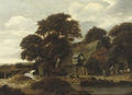A wooded river landscape with a farmyard and a dovecote - Salomon Rombouts